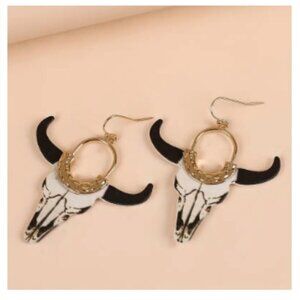 NEW Western Earrings - White & Black Bulls Head Cow - 18K Gold Plated finding